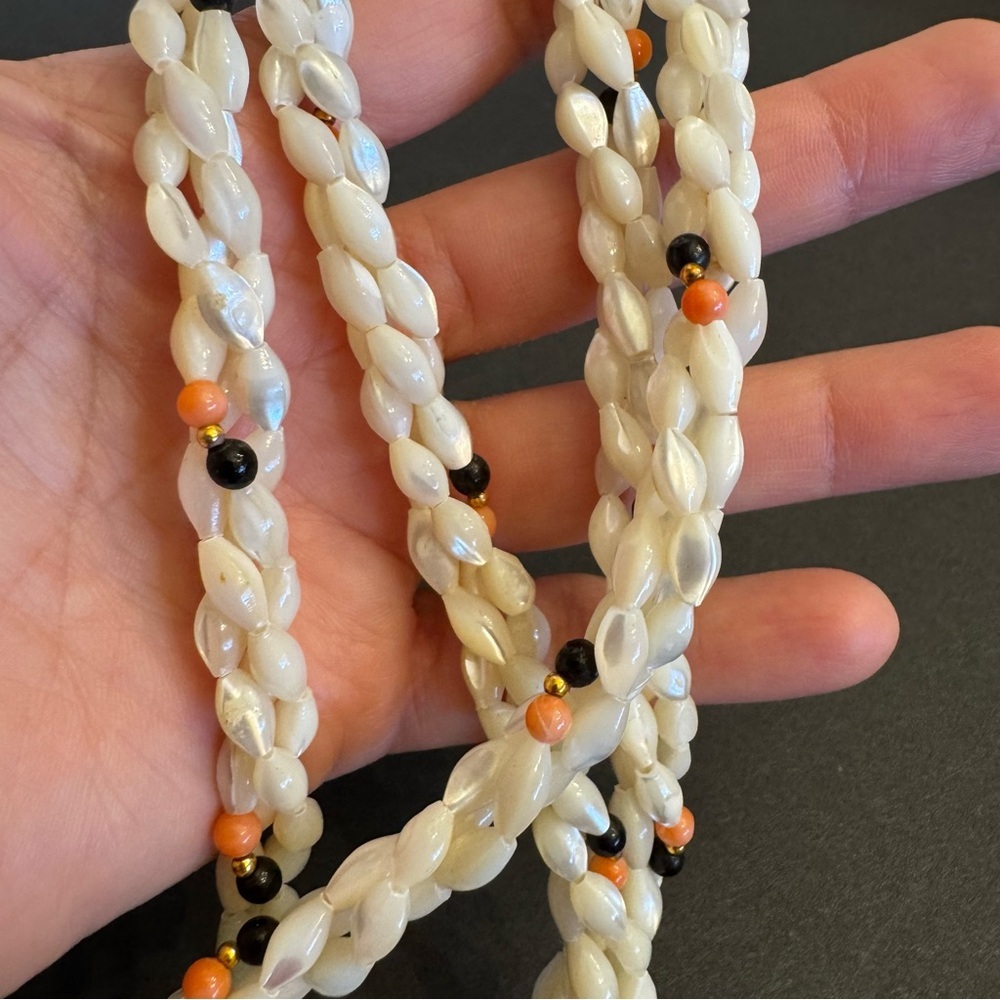 Vintage Natural Carved Mother of Pearl and Angel Skin Coral Beads Long Necklace